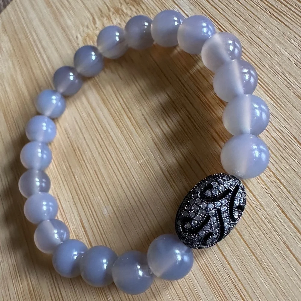 Polished 8mm Chalcedony Stretch Bracelet w/ Jet Crystal Pave Filigree Spacer